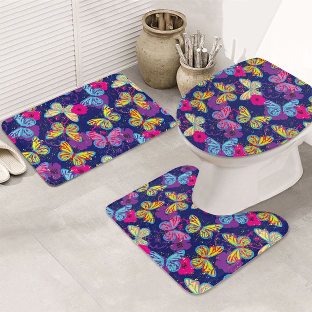 Bathroom Rugs Sets 3 Piece, Paint Butterflies Cute Bath Mats for