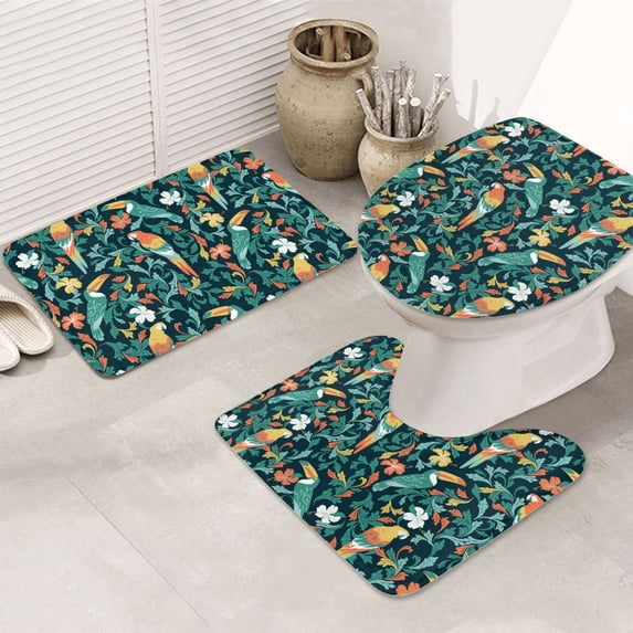 Bathroom Rugs Sets 3 Piece - Painted Parrot Toucan Plant Absorbent Non Slip Bath Mats, U-Shape Toilet Lid Cover, Contour Mat, Soft Washable Shower Mats Bath Rug Mat for Bathroom Tub Toilet