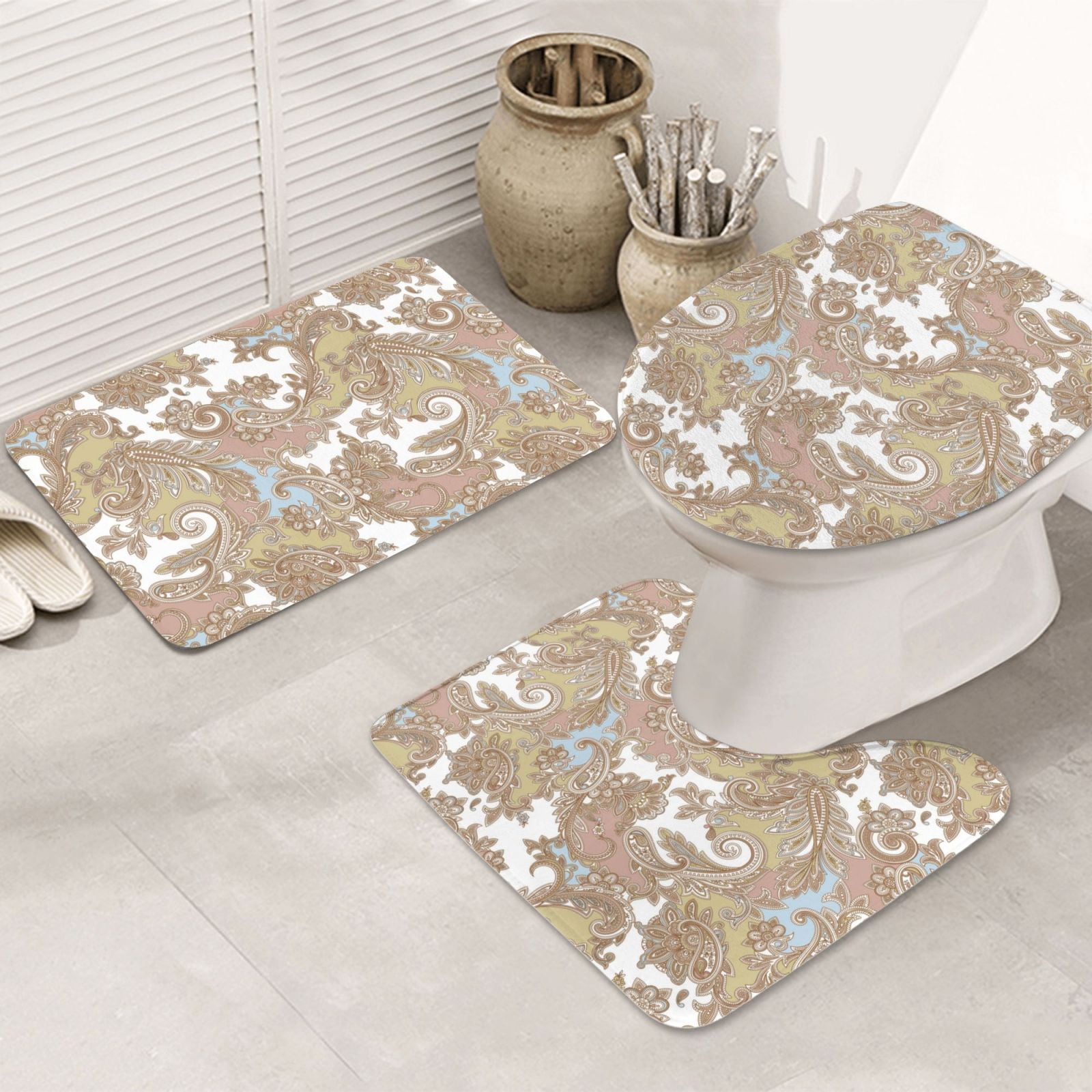 Bathroom Rugs Sets 3 Piece Paisley Pattern No.9080 Soft Non Slip ...