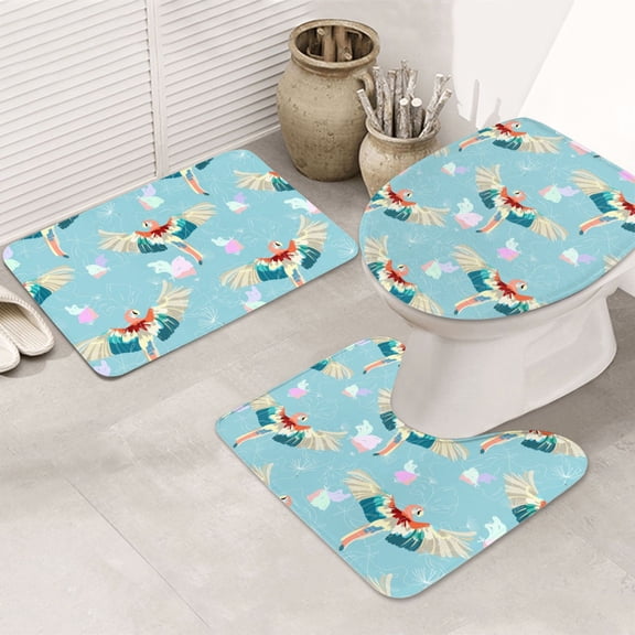 Bathroom Rugs Sets 3 Piece - Pastel Painted Flying Cute Parrot Absorbent Non Slip Bath Mats, U-Shape Toilet Lid Cover, Contour Mat, Soft Washable Shower Mats Bath Rug Mat for Bathroom Tub Toilet