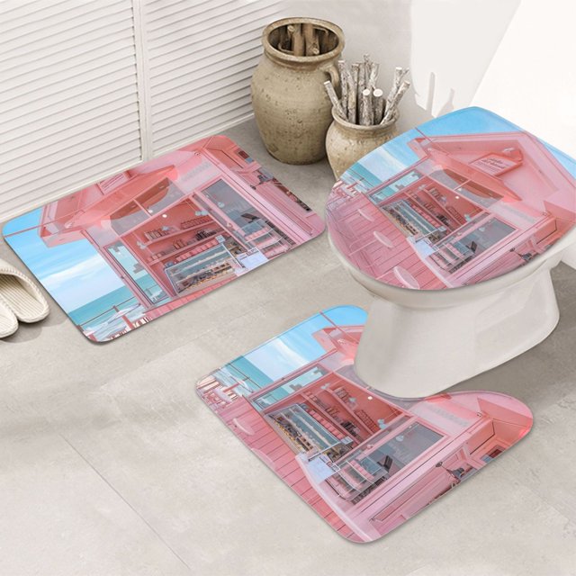 Bathroom Rugs Sets 3 Piece, Pastel Pink Beach Cafe Bathroom Rug Set