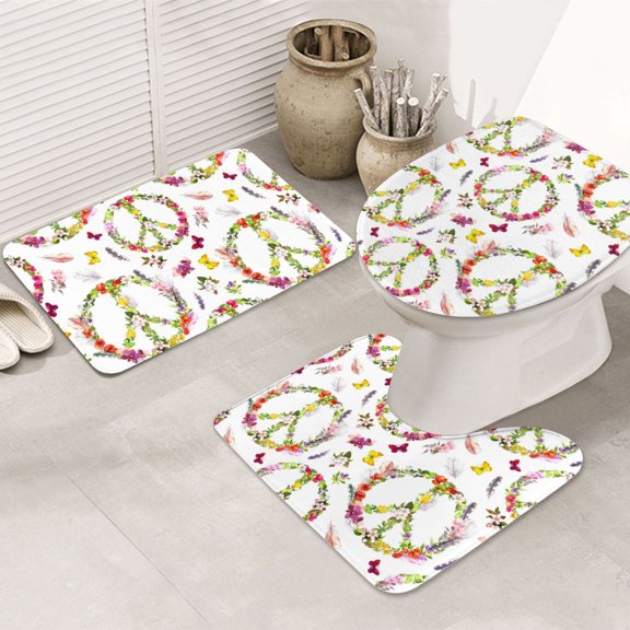 Bathroom Rugs Sets 3 Piece - Peace sign flower butterfly feather boho Absorbent Non Slip Bath Mats, U-Shape Toilet Lid Cover, Contour Mat, Soft Washable Shower Mats Bath Rug Mat for Bathroom Tub Toilet