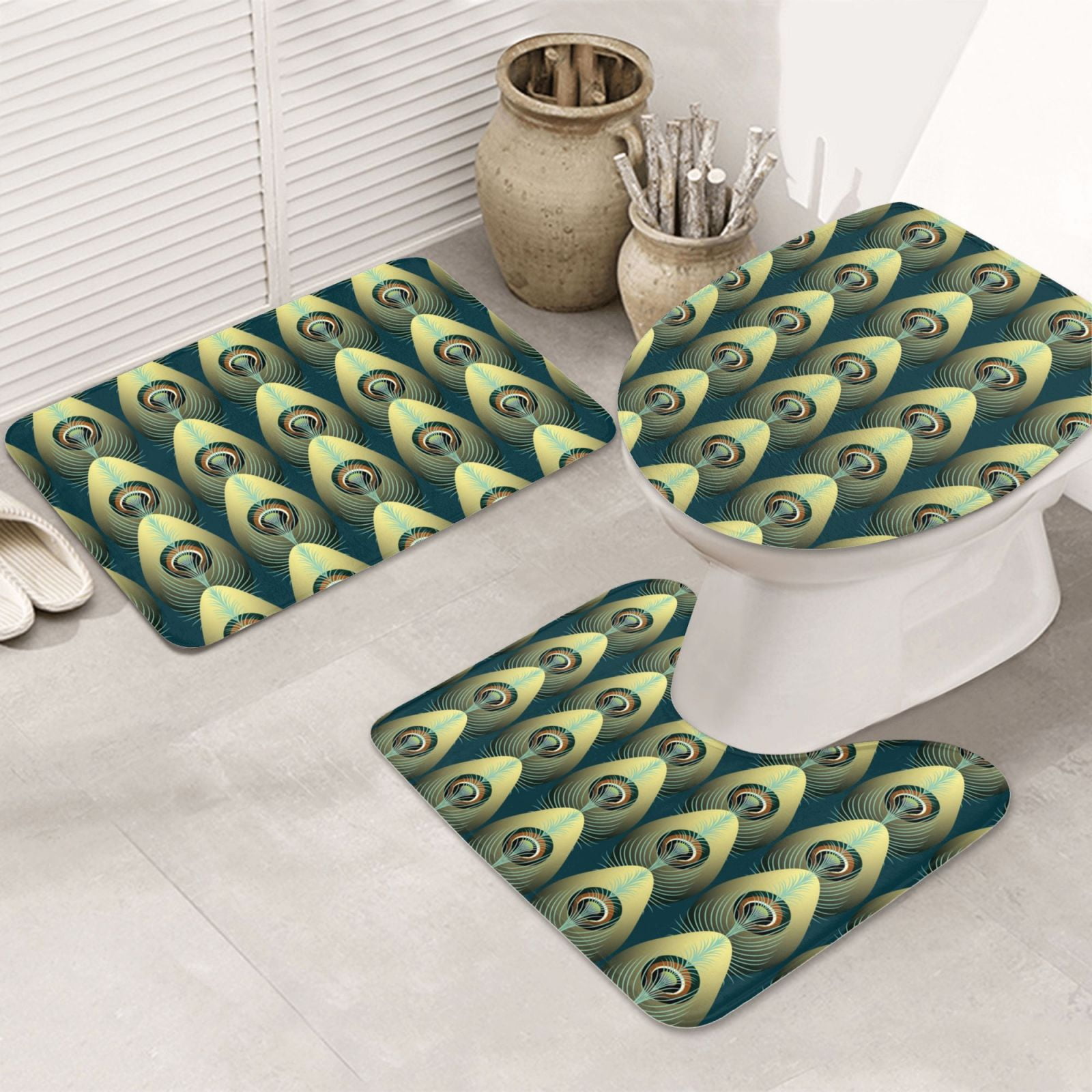 Bathroom Rugs Sets 3 Piece, Peacock Gold Feather Bathroom Rug Set ...