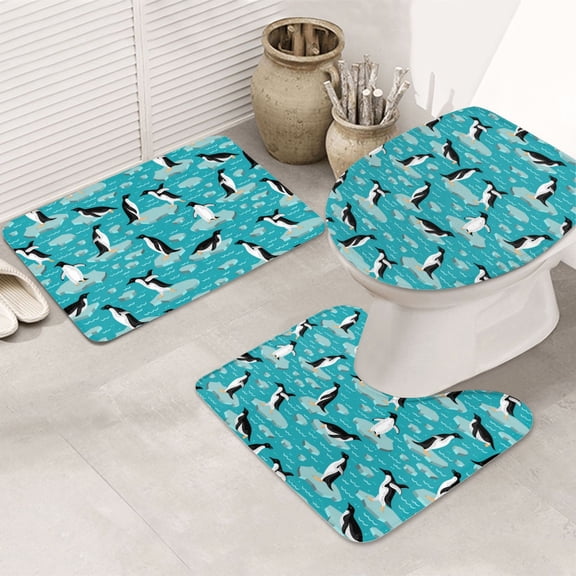 Bathroom Rugs Sets 3 Piece - Penguins On The Ice In The Sea Absorbent Non Slip Bath Mats, U-Shape Toilet Lid Cover, Contour Mat, Soft Washable Shower Mats Bath Rug Mat for Bathroom Tub Toilet