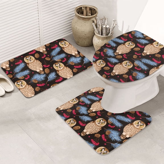 Bathroom Rugs Sets 3 Piece - Pinecone Owl Brown Absorbent Non Slip Bath Mats, U-Shape Toilet Lid Cover, Contour Mat, Soft Washable Shower Mats Bath Rug Mat for Bathroom Tub Toilet