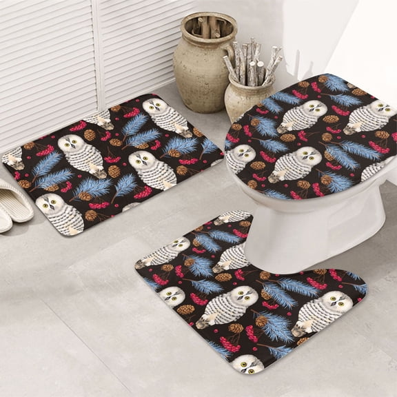 Bathroom Rugs Sets 3 Piece - Pinecone Owl White Absorbent Non Slip Bath Mats, U-Shape Toilet Lid Cover, Contour Mat, Soft Washable Shower Mats Bath Rug Mat for Bathroom Tub Toilet