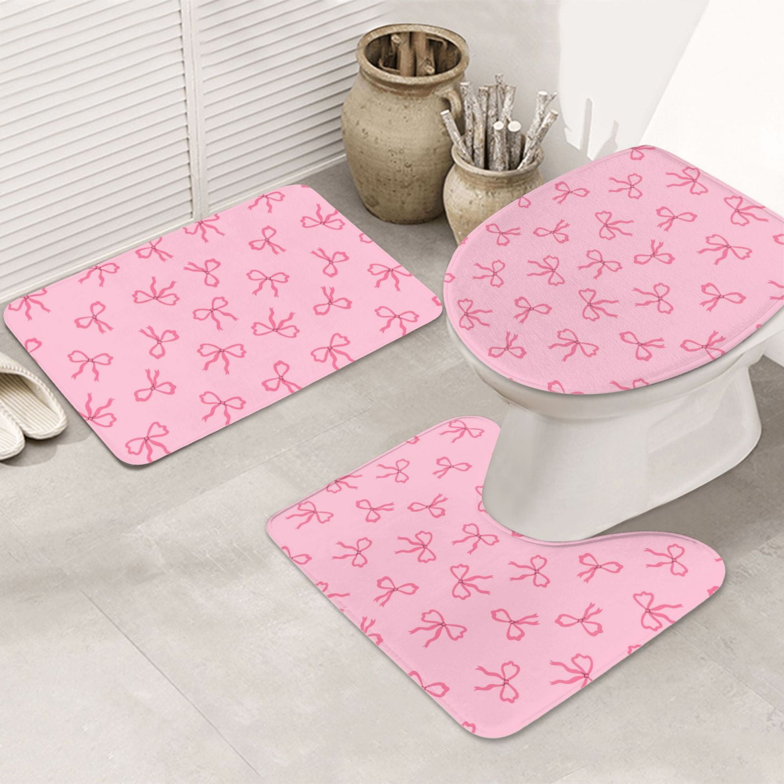 Bathroom Rugs Sets 3 Piece Pink Bows Non Slip Washable Bath Mats, U