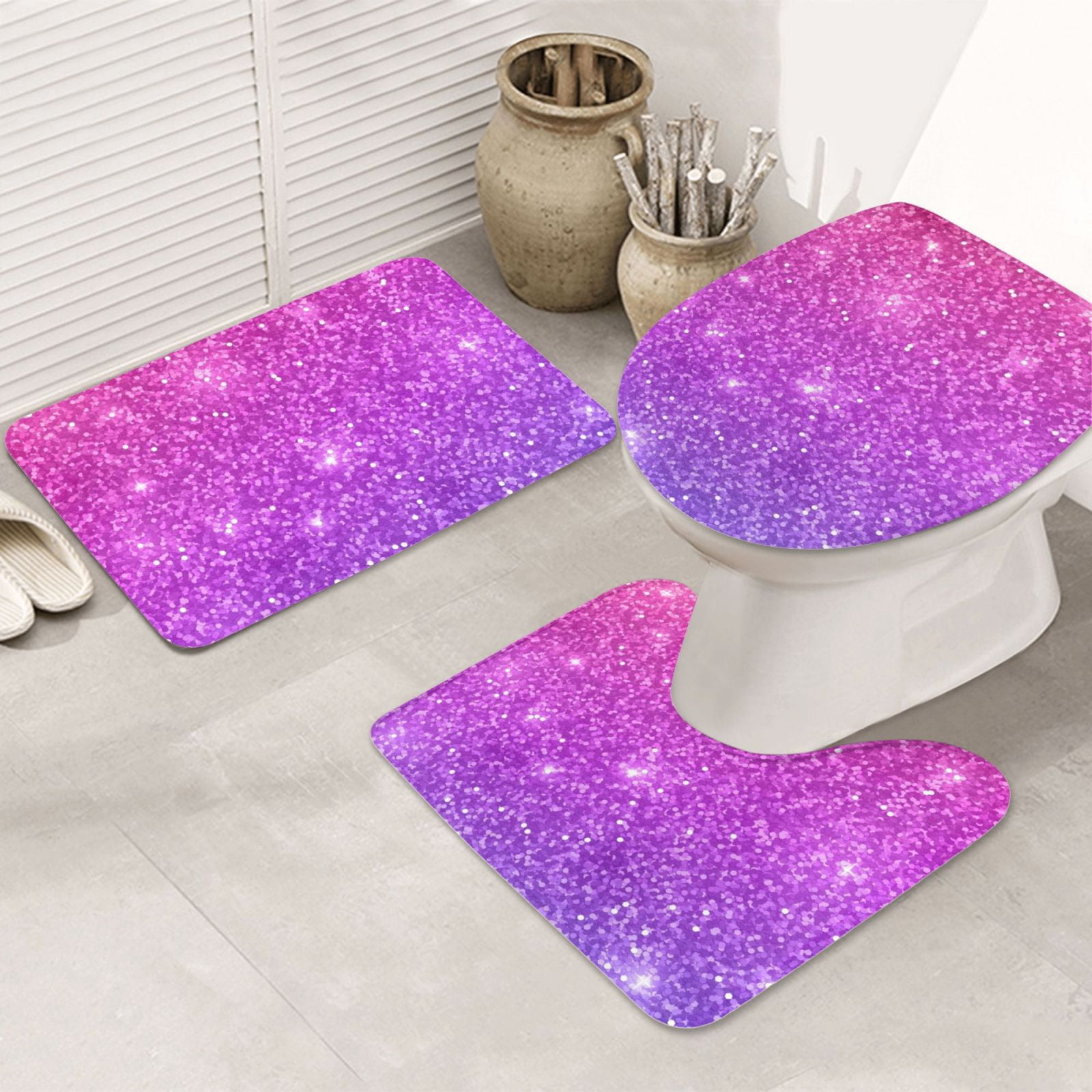 Bathroom Rugs Sets 3 Piece Pink Purple Glitter Soft Non Slip Bathroom