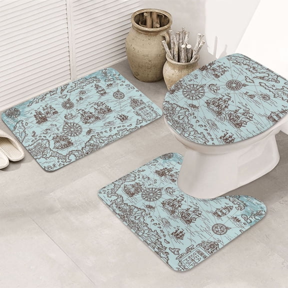 Bathroom Rugs Sets 3 Piece - Pirate Adventure Map Absorbent Non Slip Bath Mats, U-Shape Toilet Lid Cover, Contour Mat, Soft Washable Shower Mats Bath Rug Mat for Bathroom Tub Toilet