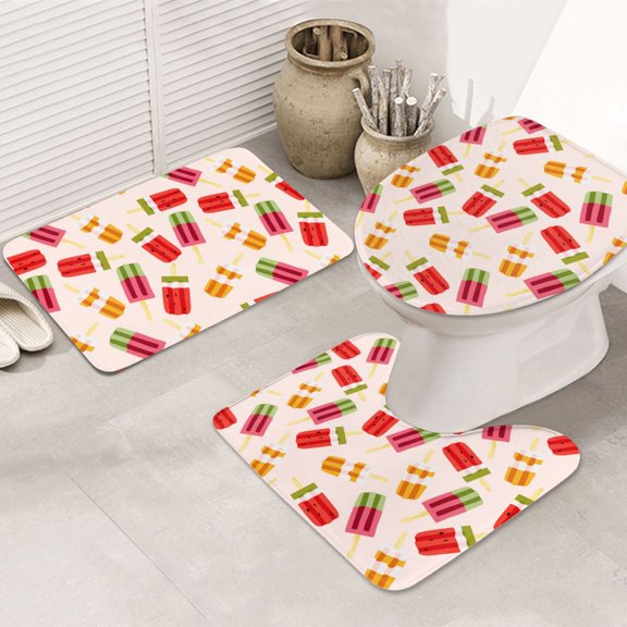 Bathroom Rugs Sets 3 Piece - Popsicle print Absorbent Non Slip Bath Mats, U-Shape Toilet Lid Cover, Contour Mat, Soft Washable Shower Mats Bath Rug Mat for Bathroom Tub Toilet