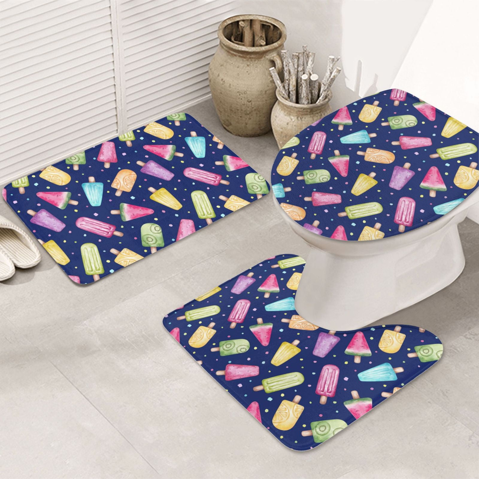 Bathroom Rugs Sets 3 Piece, Popsicle print colorful Cute Bath Mats for