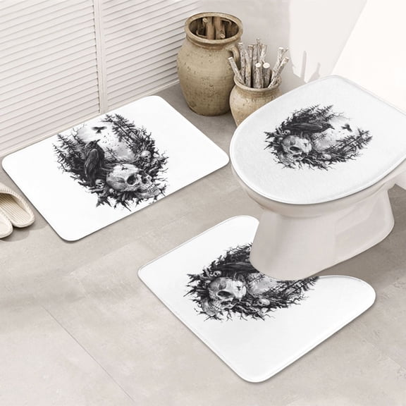 Bathroom Rugs Sets 3 Piece - Raven Skulls Forest Absorbent Non Slip Bath Mats, U-Shape Toilet Lid Cover, Contour Mat, Soft Washable Shower Mats Bath Rug Mat for Bathroom Tub Toilet