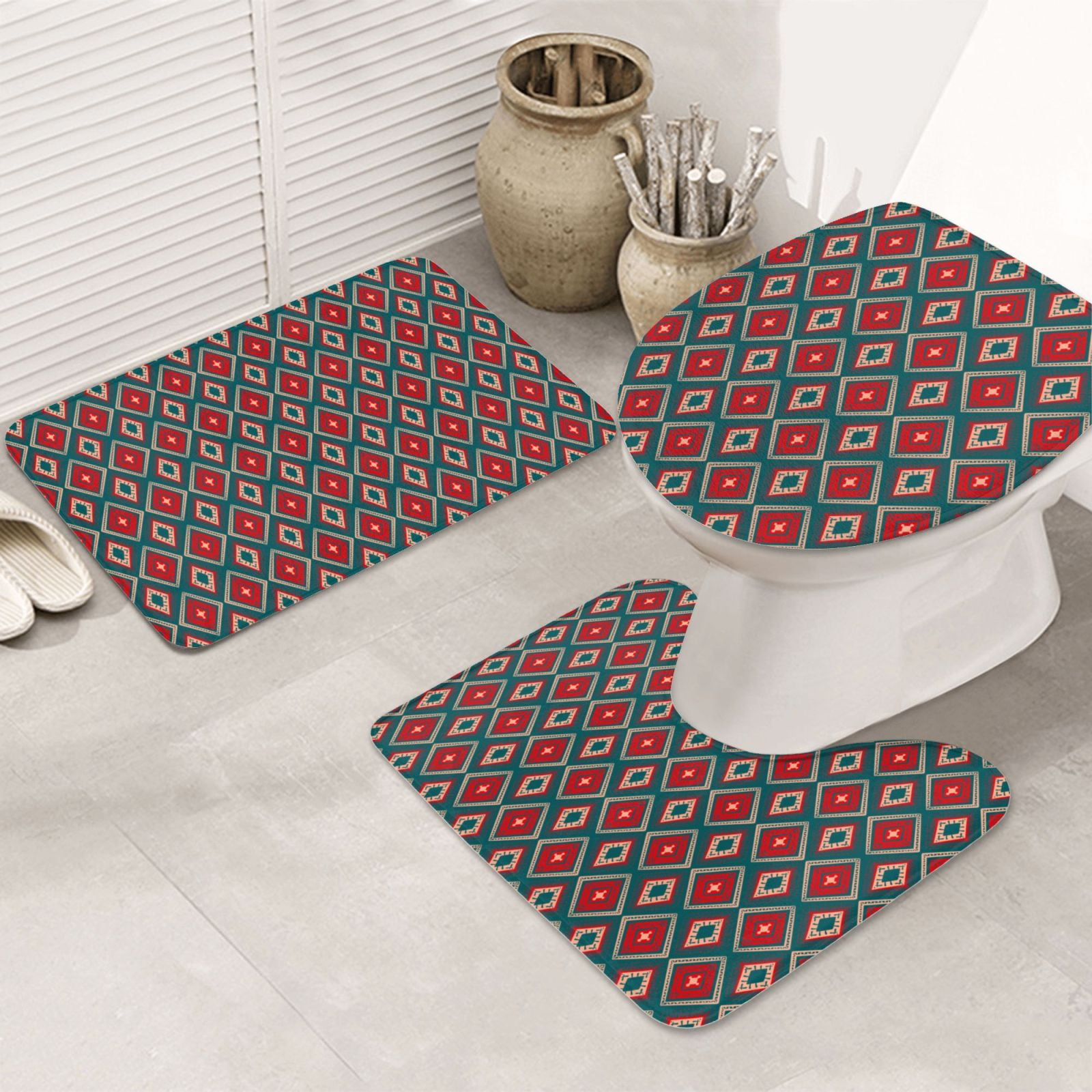 Bathroom Rugs Sets 3 Piece, Red And Orange On Blue Teal Cute Bath Mats