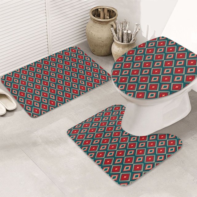 Bathroom Rugs Sets 3 Piece, Red And Orange On Blue Teal Cute Bath Mats
