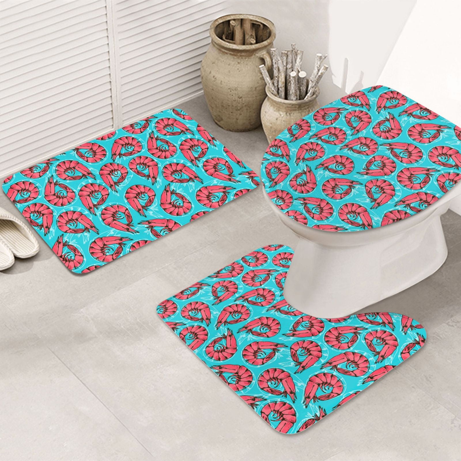 Bathroom Rugs Sets 3 Piece, Red & Blue Lobster Print Cute Bath Mats for