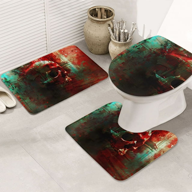Bathroom Rugs Sets 3 Piece Red Dark Skull Abstract Non Slip Washable