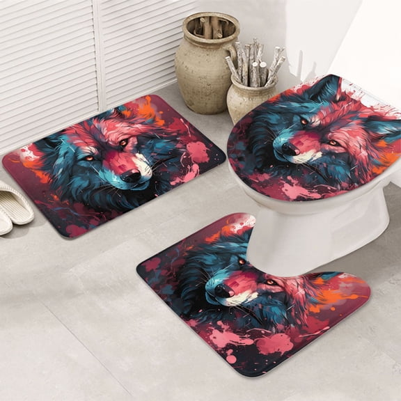 Bathroom Rugs Sets 3 Piece - Red Flame Wolf Head Absorbent Non Slip Bath Mats, U-Shape Toilet Lid Cover, Contour Mat, Soft Washable Shower Mats Bath Rug Mat for Bathroom Tub Toilet