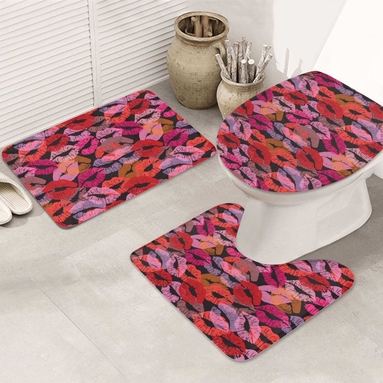 Bathroom Rugs Sets 3 Piece, Red Lips Kissing Bathroom Rug Set Cute