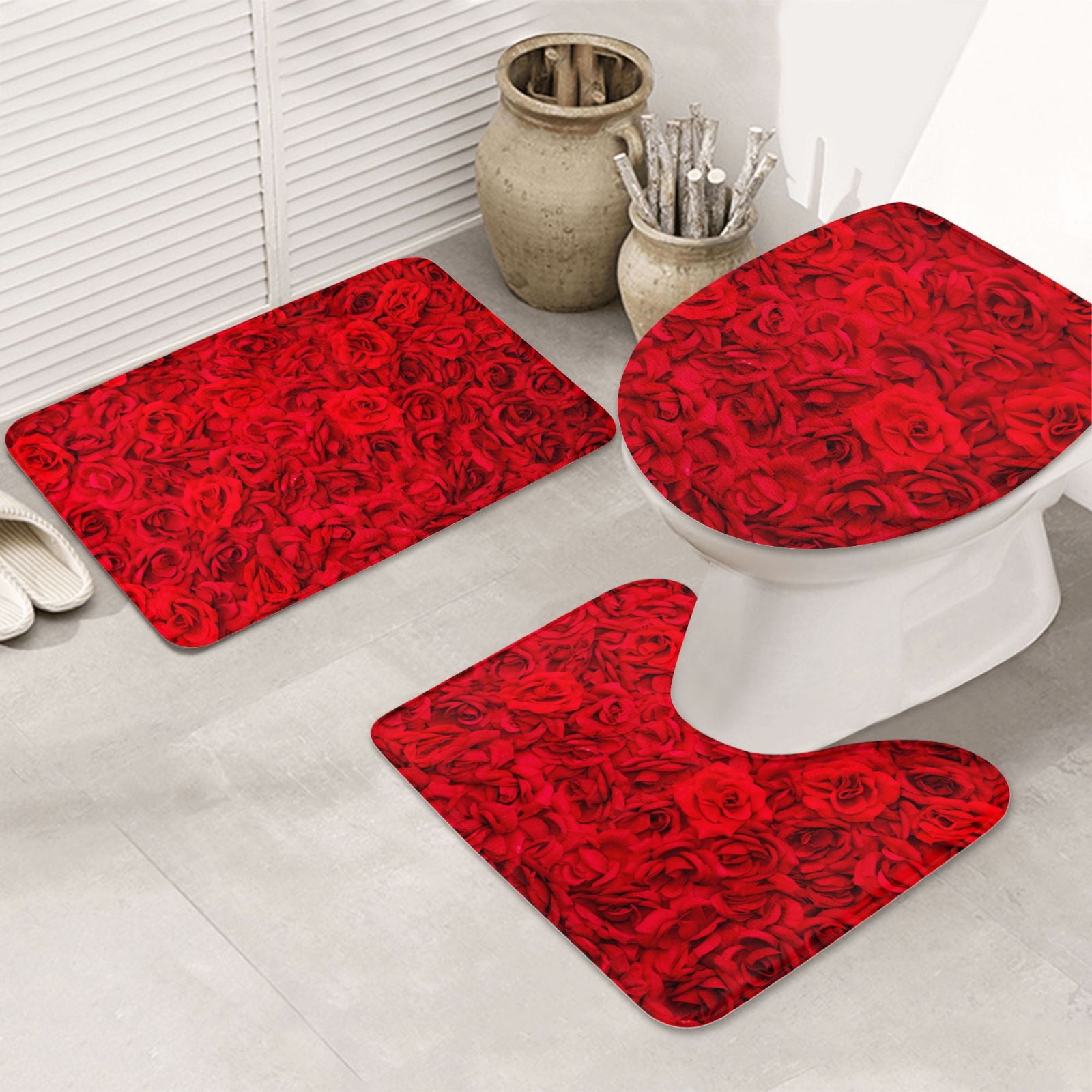 Bathroom Rugs Sets 3 Piece Red Rose Absorbent Non Slip Bath Mats, U