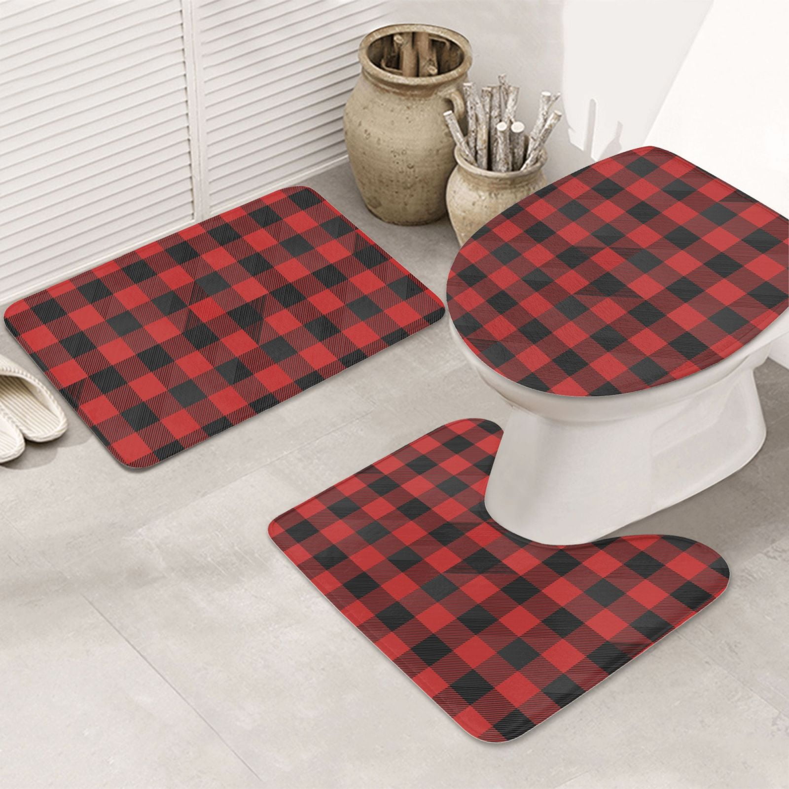 Bathroom Rugs Sets 3 Piece, Red black plaid Cute Bath Mats for Bathroom