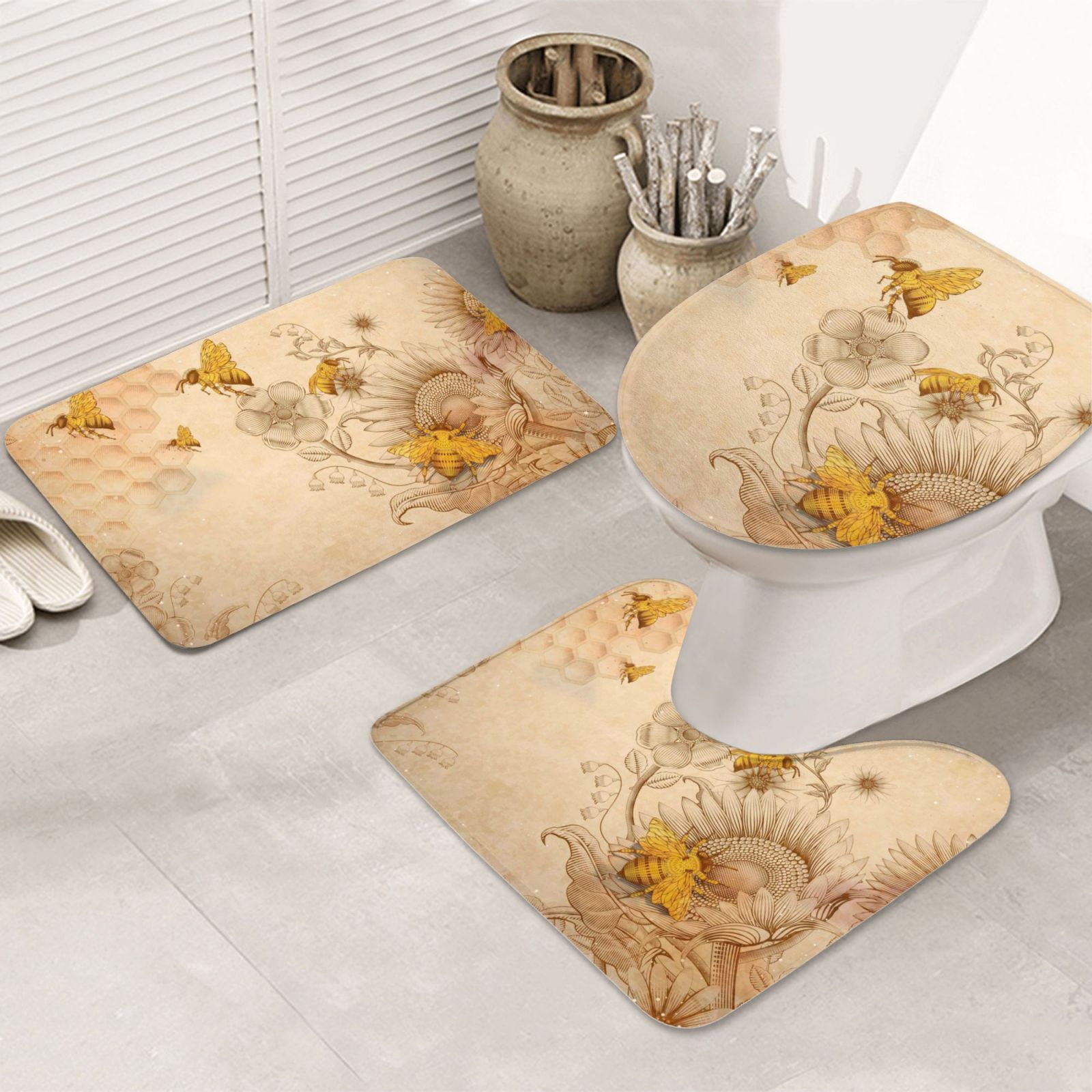 Bathroom Rugs Sets 3 Piece Retro Hand Drawn Honey Bees Sunflowers Soft Non Slip Bathroom Mat ...