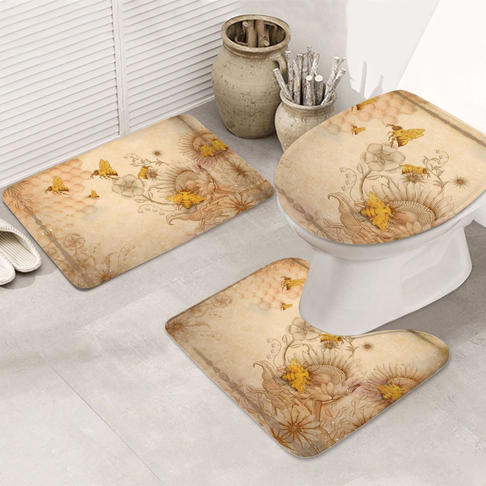 Bathroom Rugs Sets 3 Piece Retro Hand Drawn Honey Bees Sunflowers Soft Non Slip Bathroom Mat ...