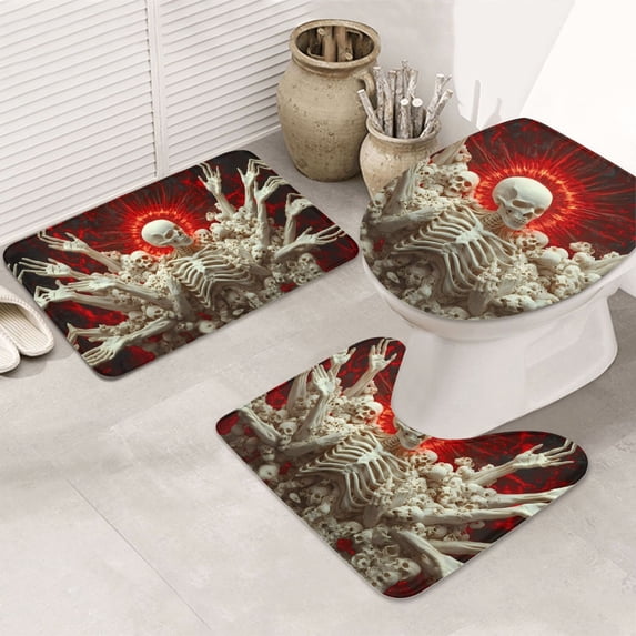 Bathroom Rugs Sets 3 Piece - Rising Skeletons Red Sun Absorbent Non Slip Bath Mats, U-Shape Toilet Lid Cover, Contour Mat, Soft Washable Shower Mats Bath Rug Mat for Bathroom Tub Toilet