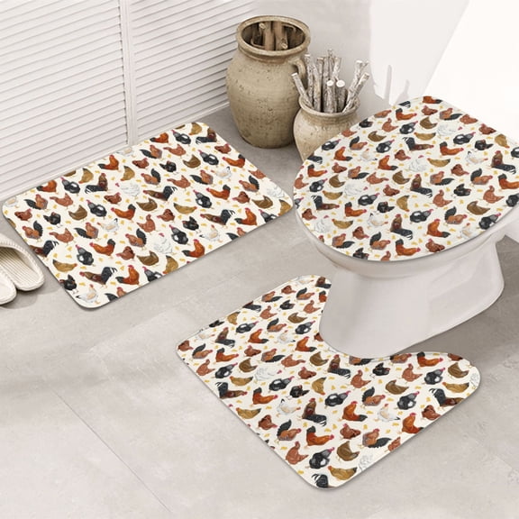 Bathroom Rugs Sets 3 Piece - Roosters and Chickens Absorbent Non Slip Bath Mats, U-Shape Toilet Lid Cover, Contour Mat, Soft Washable Shower Mats Bath Rug Mat for Bathroom Tub Toilet