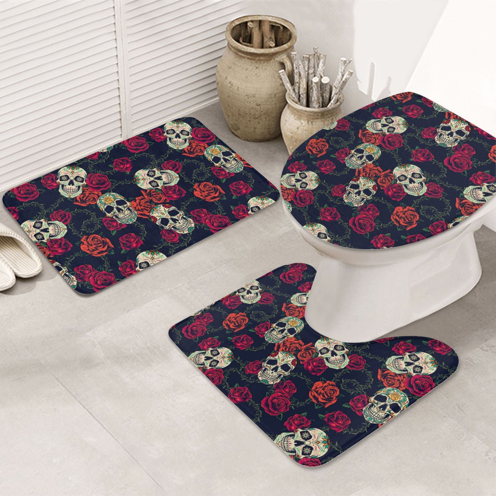 Bathroom Rugs Sets 3 Piece, Roses Skulls Washable Bathroom Rug Set