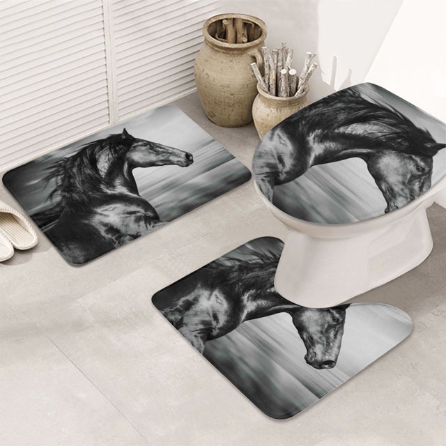 Bathroom Rugs Sets 3 Piece Running Horse Black And White Absorbent