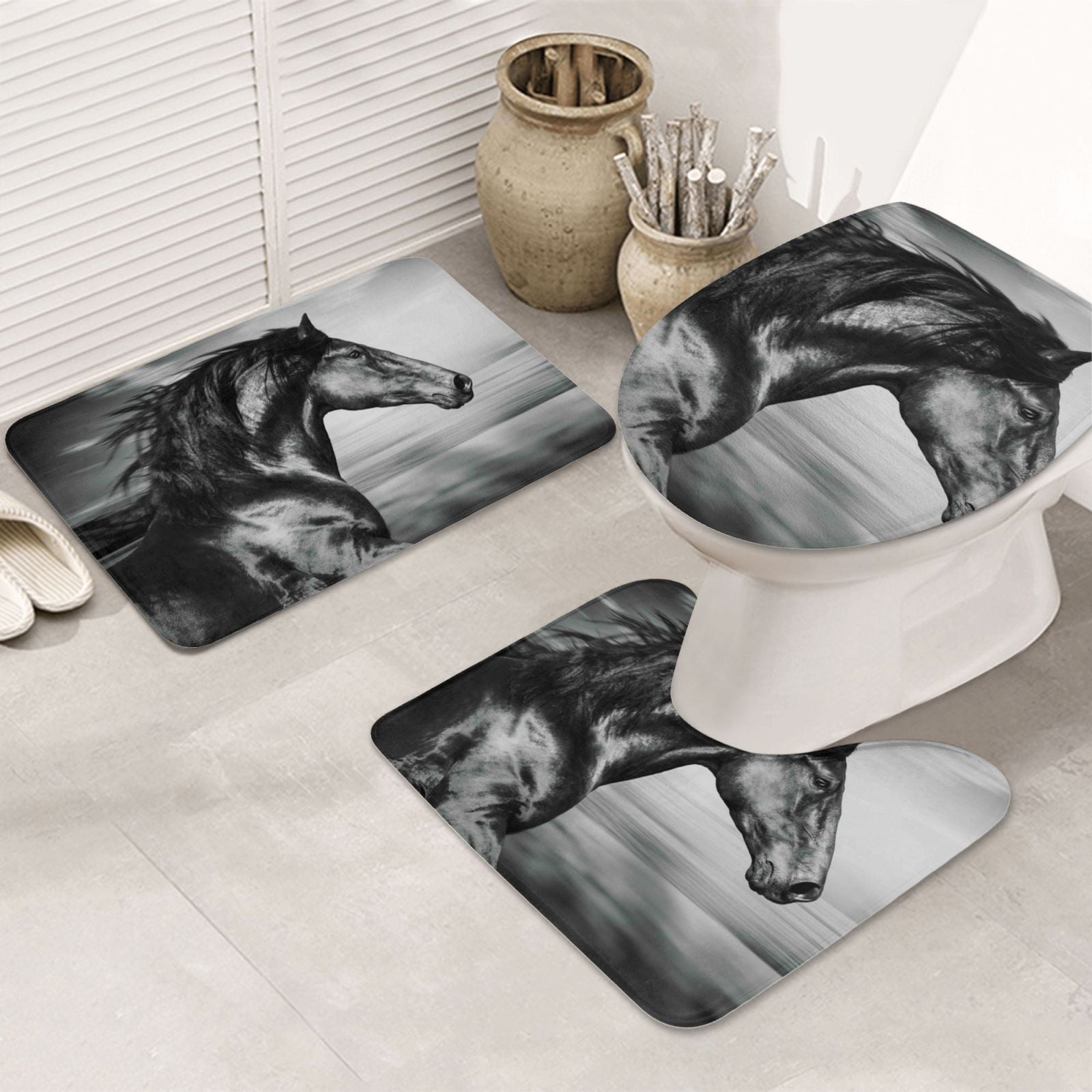 Bathroom Rugs Sets 3 Piece Running Horse Black And White Soft Non Slip