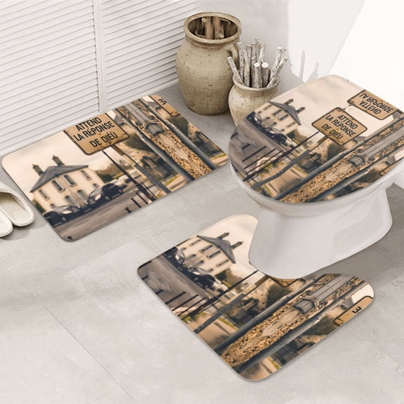 Bathroom Rugs Sets 3 Piece - Rustic French Signpost Absorbent Non Slip Bath Mats, U-Shape Toilet Lid Cover, Contour Mat, Soft Washable Shower Mats Bath Rug Mat for Bathroom Tub Toilet