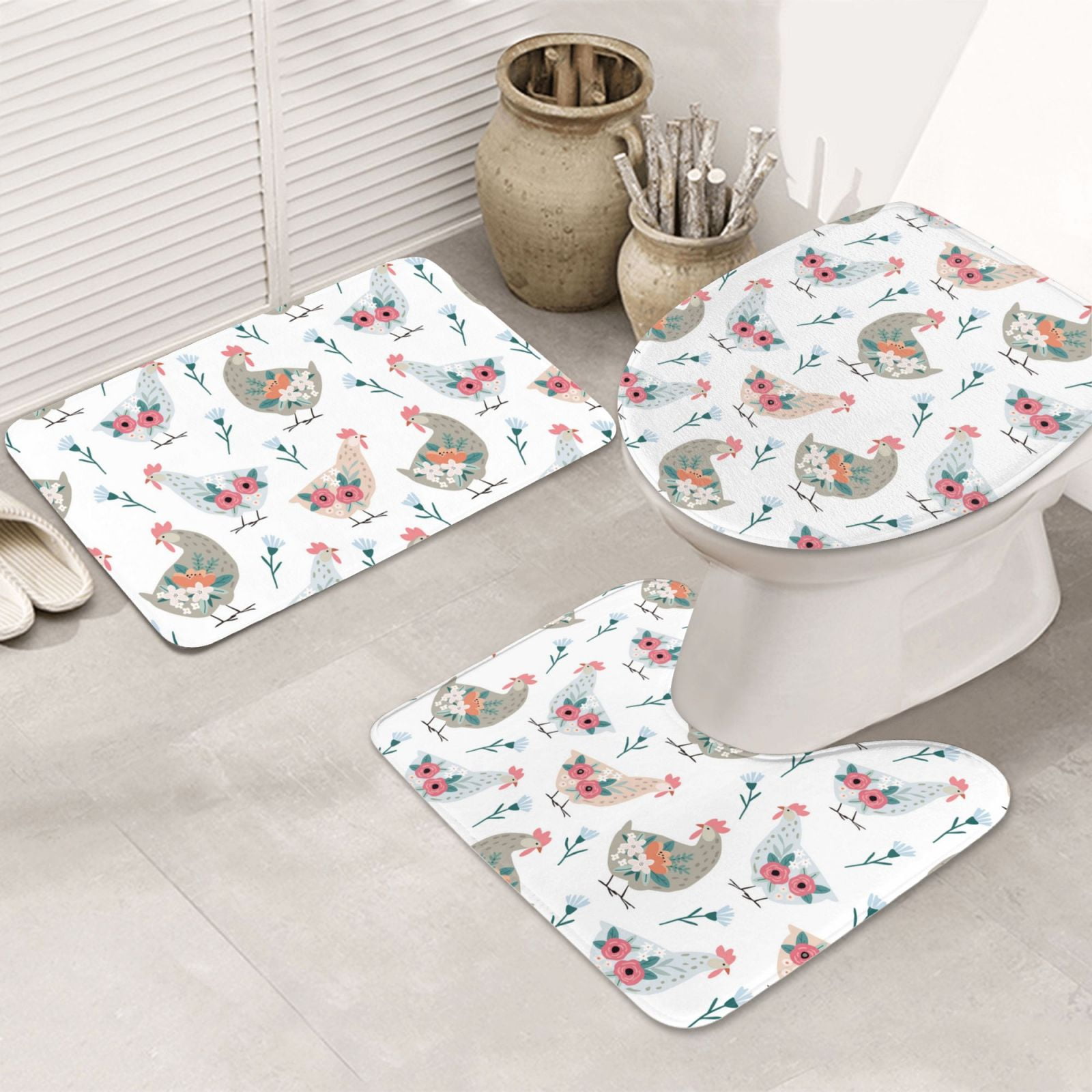 Bathroom Rugs Sets 3 Piece Rustic Funny Chicken Flower Non Slip