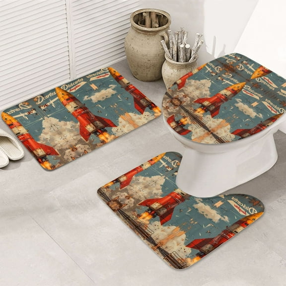 Bathroom Rugs Sets 3 Piece - Rusty Rocket Launch Absorbent Non Slip Bath Mats, U-Shape Toilet Lid Cover, Contour Mat, Soft Washable Shower Mats Bath Rug Mat for Bathroom Tub Toilet