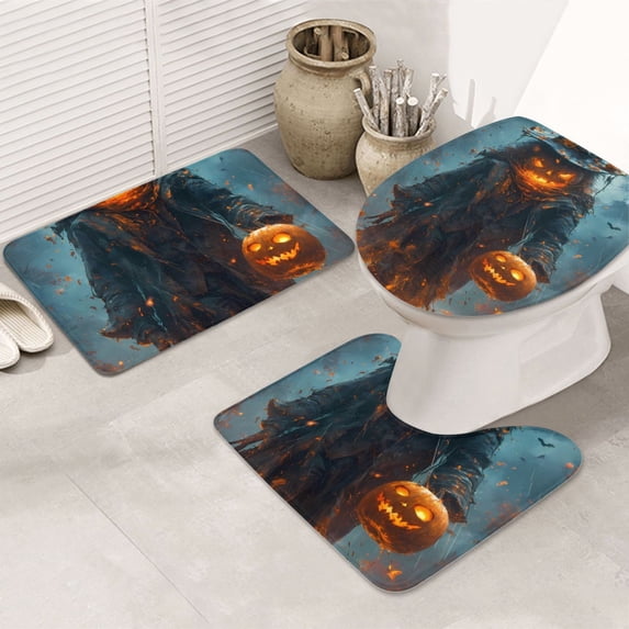 Bathroom Rugs Sets 3 Piece - Scarecrow Halloween Night Absorbent Non Slip Bath Mats, U-Shape Toilet Lid Cover, Contour Mat, Soft Washable Shower Mats Bath Rug Mat for Bathroom Tub Toilet
