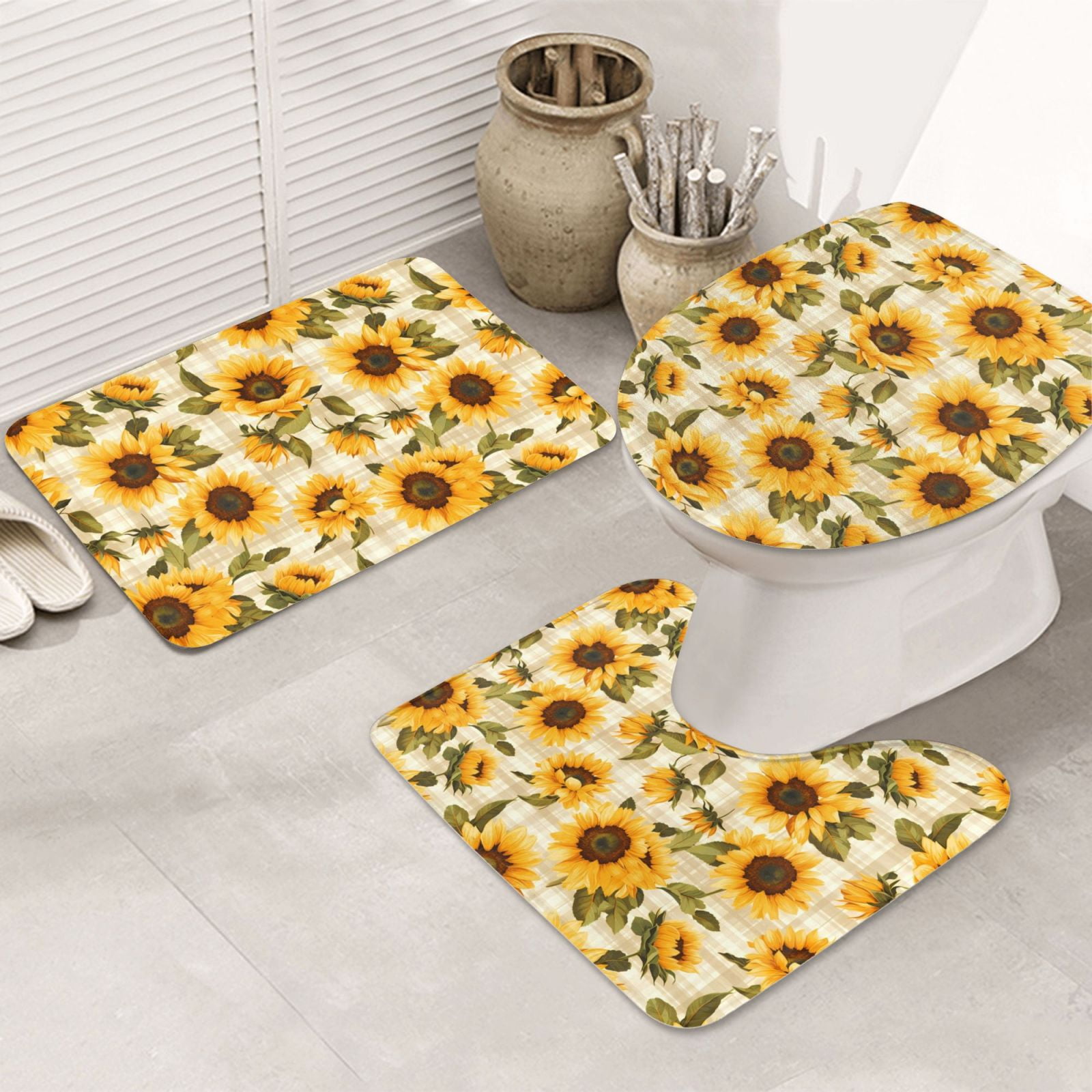 Bathroom Rugs Sets 3 Piece Scottish Plaid Sunflower Absorbent