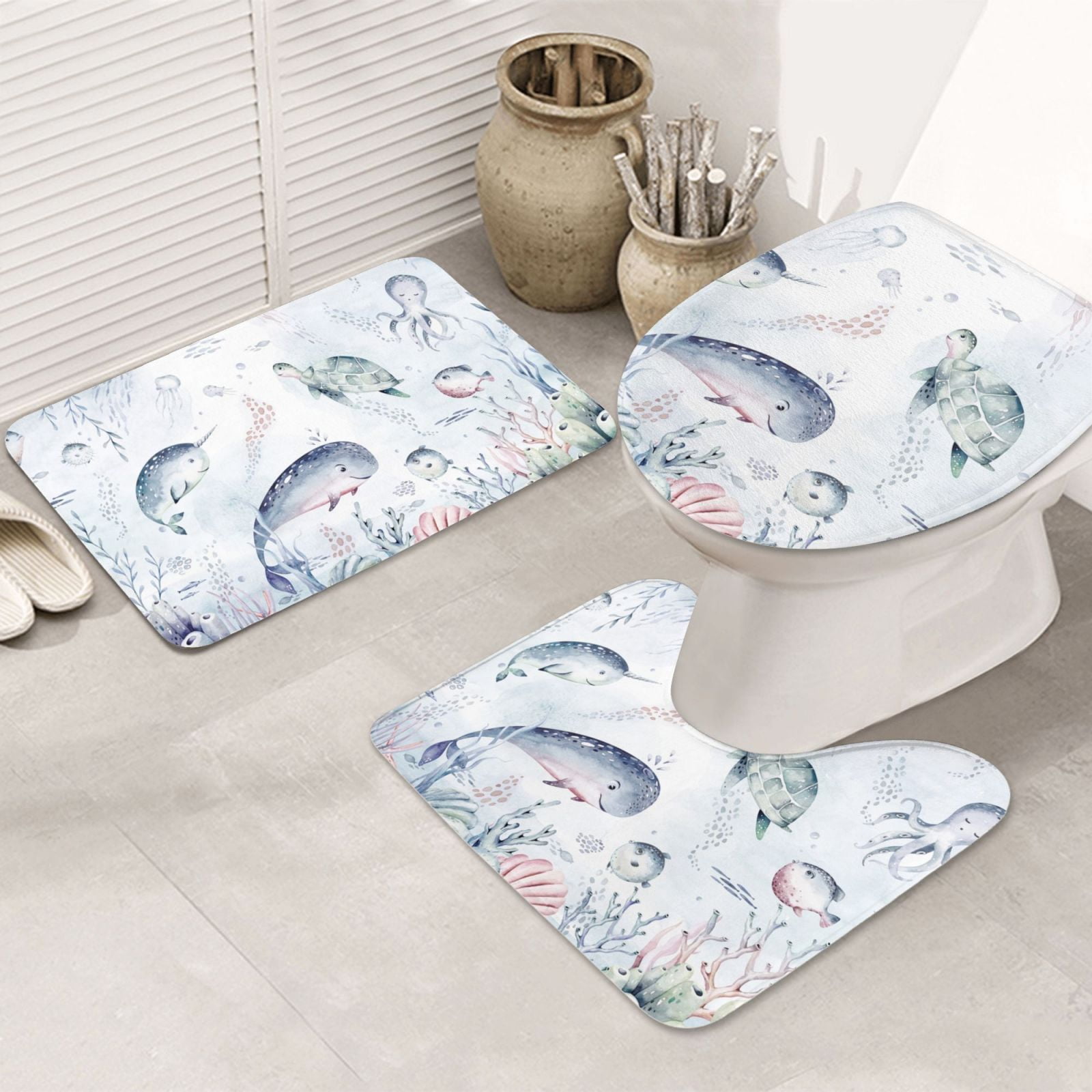 Bathroom Rugs Sets 3 Piece Sea Animals Soft Non Slip Bathroom Mat ...