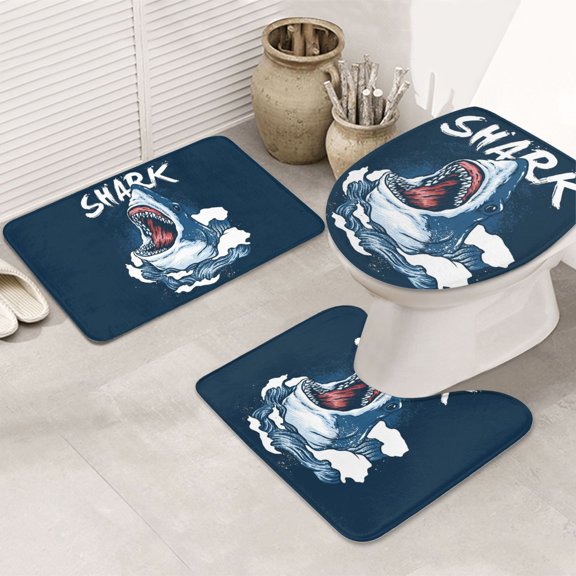 Bathroom Rugs Sets 3 Piece - Shark Absorbent Non Slip Bath Mats, U-Shape Toilet Lid Cover, Contour Mat, Soft Washable Shower Mats Bath Rug Mat for Bathroom Tub Toilet