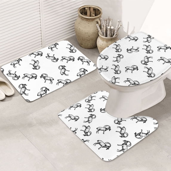 Bathroom Rugs Sets 3 Piece - Sketch Cool Goat Black White Absorbent Non Slip Bath Mats, U-Shape Toilet Lid Cover, Contour Mat, Soft Washable Shower Mats Bath Rug Mat for Bathroom Tub Toilet