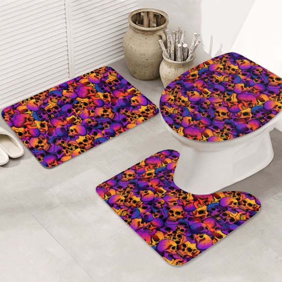 Bathroom Rugs Sets 3 Piece - Skull Print P Absorbent Non Slip Bath Mats, U-Shape Toilet Lid Cover, Contour Mat, Soft Washable Shower Mats Bath Rug Mat for Bathroom Tub Toilet