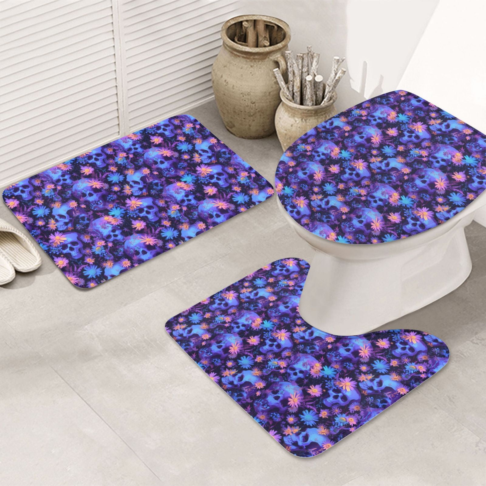 Bathroom Rugs Sets 3 Piece, Skull daisy purple Bathroom Rug Set Cute