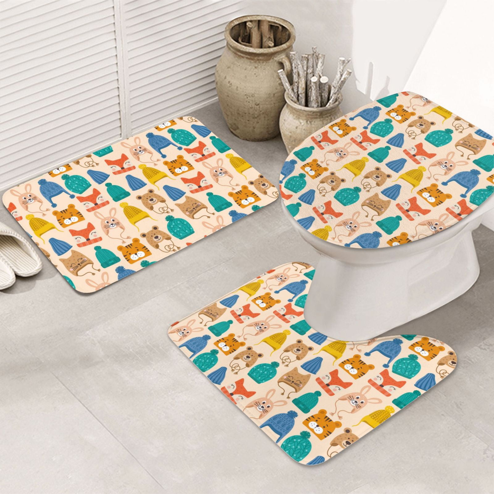 Bathroom Rugs Sets 3 Piece Small Animals with Knit Hat Pattern