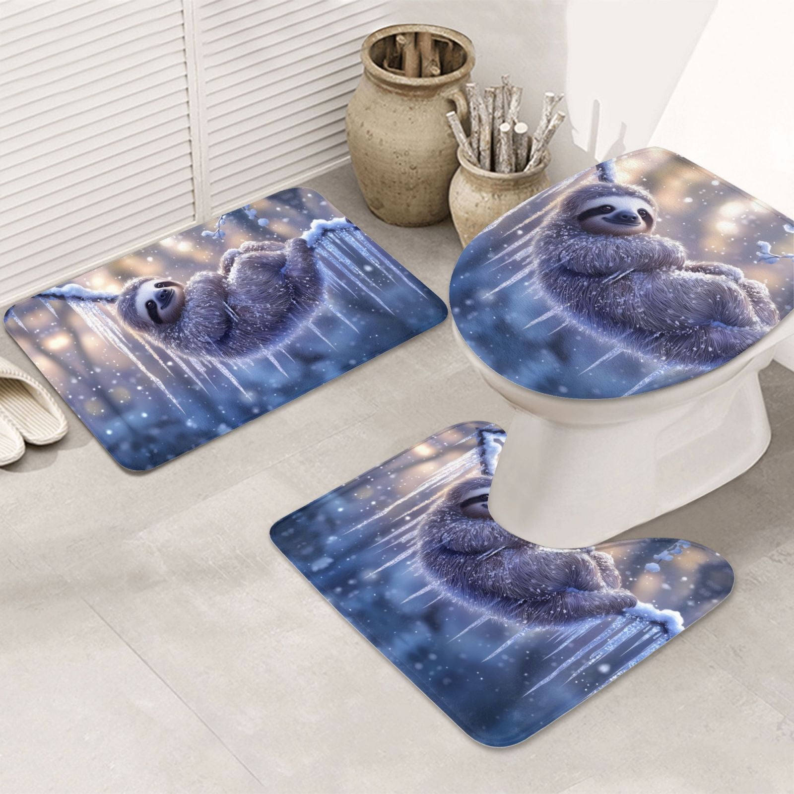 Bathroom Rugs Sets 3 Piece Snowy cute sloth Soft Non Slip Bathroom Mat ...