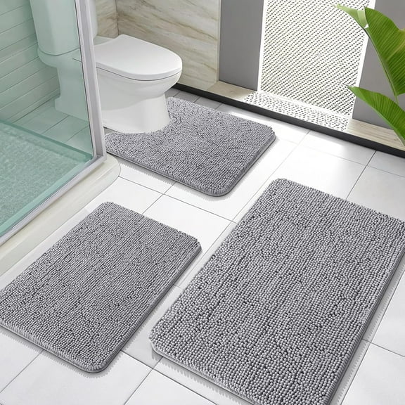 Bathroom Rugs Sets 3 Piece, Soft Absorbent Chenille Bath Mats and U-Shaped Contour Toilet Rug, Quick Dry, Home Decor Accessories, Bath Mat Set for Bathroom (30"x20" 24"x16" 24"x20", Light Grey)