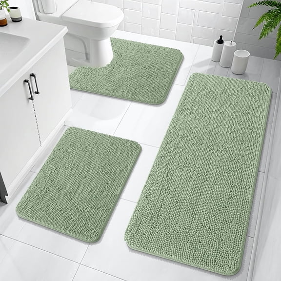 Bathroom Rugs Sets 3 Piece, Soft Absorbent Chenille Bath Mats and U-Shaped Contour Toilet Rug, Quick Dry, Home Decor Accessories, Bath Mat Set for Bathroom (47"x20"+24"x16"+24"x20", Sage Green)