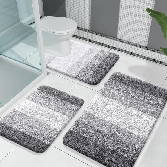 Bathroom Rugs Sets 3 Piece, Soft Absorbent Microfiber Bath Mats and U-Shaped Contour Toilet Rug, Machine Wash Dry, Plush Shaggy Bath Mat Set for Bathroom (30"x20"+24"x16"+24"x20", Grey)