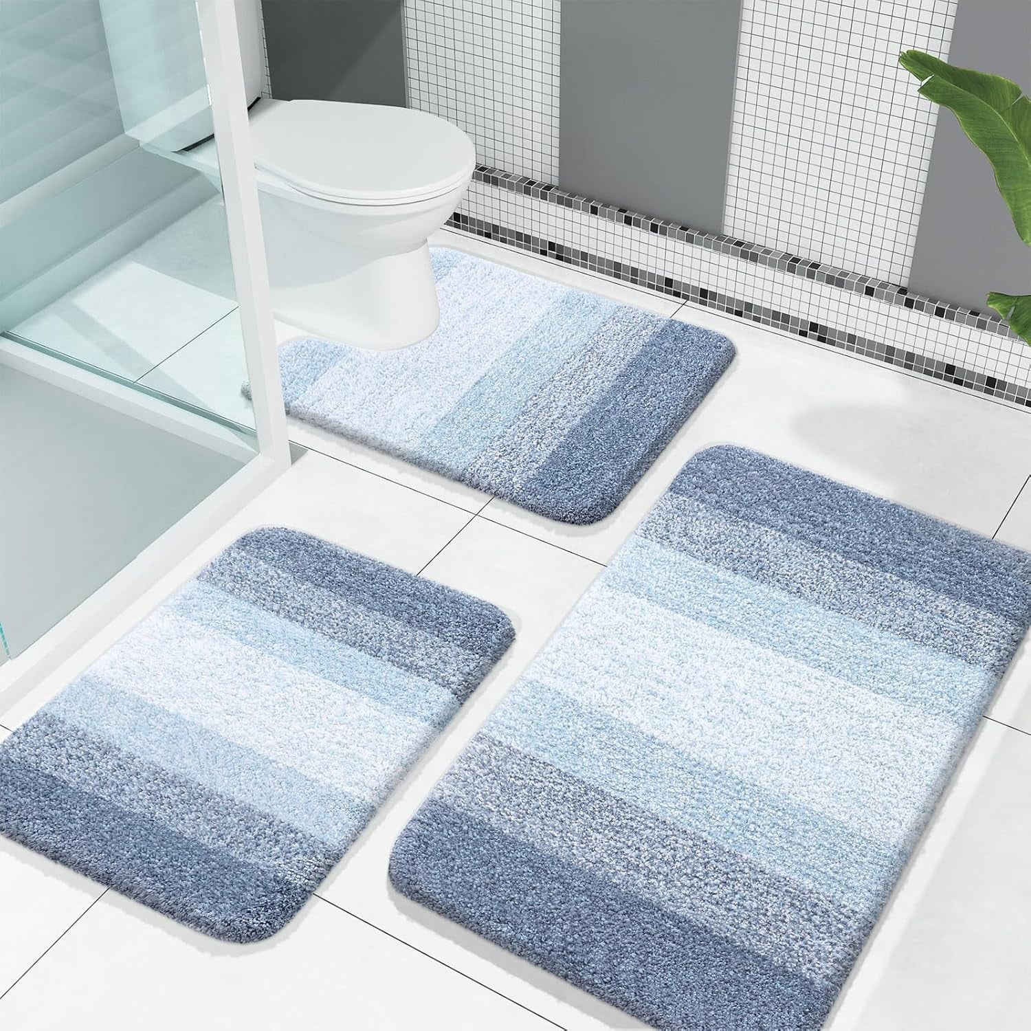 Bathroom Rugs Sets 3 Piece, Soft Absorbent Microfiber Bath Mats and U-Shaped Contour Toilet Rug, Machine Wash Dry, Plush Shaggy Bath Mat Set for Bathroom