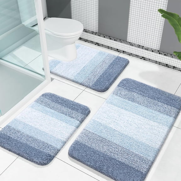 Bathroom Rugs Sets 3 Piece, Soft Absorbent Microfiber Bath Mats and U-Shaped Contour Toilet Rug, Machine Wash Dry, Plush Shaggy Bath Mat Set for Bathroom