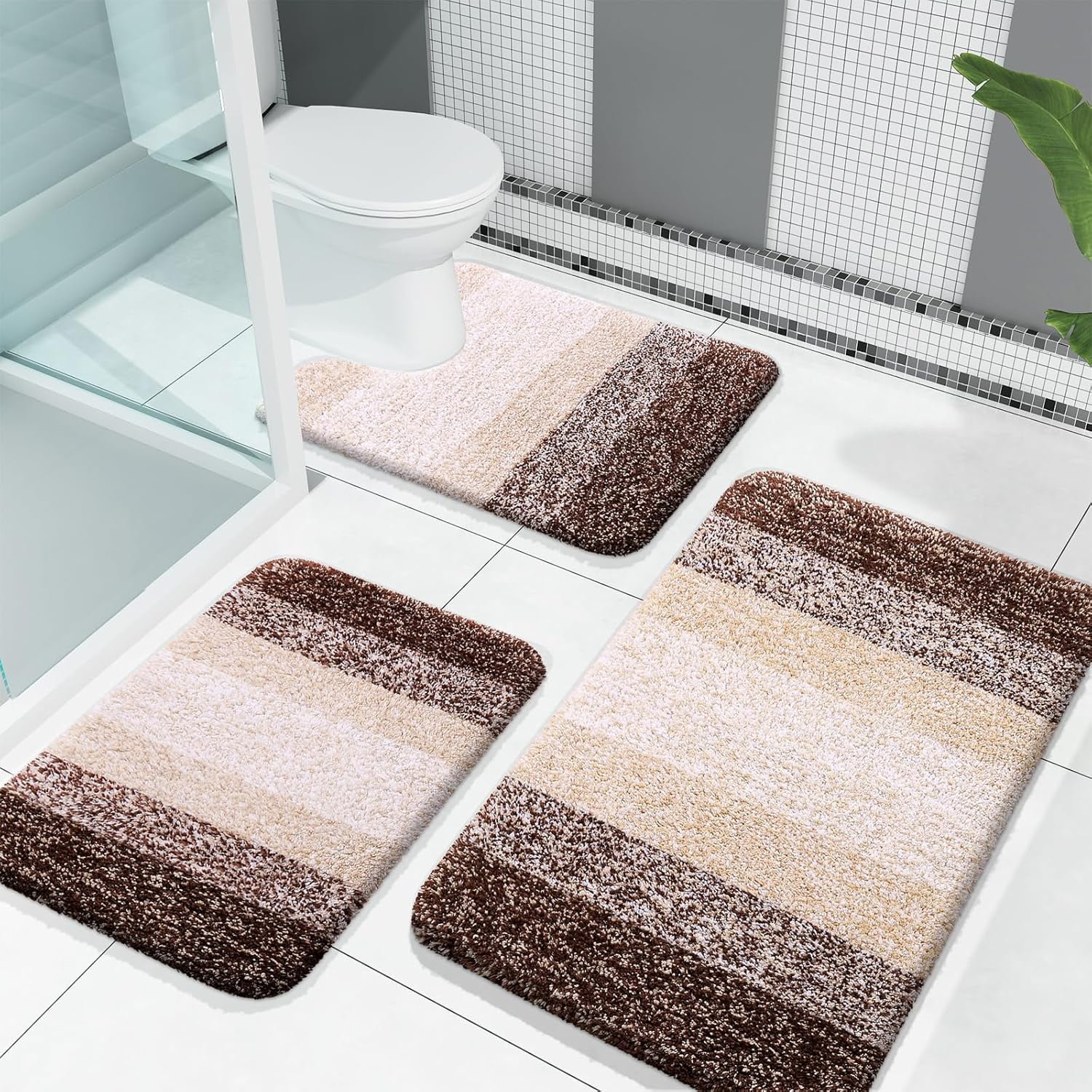 Bathroom Rugs Sets 3 Piece, Soft Absorbent Microfiber Bath Mats and U-Shaped Contour Toilet Rug, Machine Wash Dry, Plush Shaggy Bath Mat Set for Bathroom