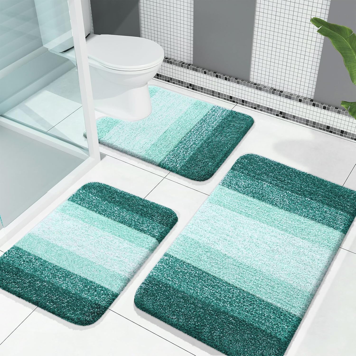 Bathroom Rugs Sets 3 Piece, Soft Absorbent Microfiber Bath Mats and U-Shaped Contour Toilet Rug, Machine Wash Dry, Plush Shaggy Bath Mat Set for Bathroom